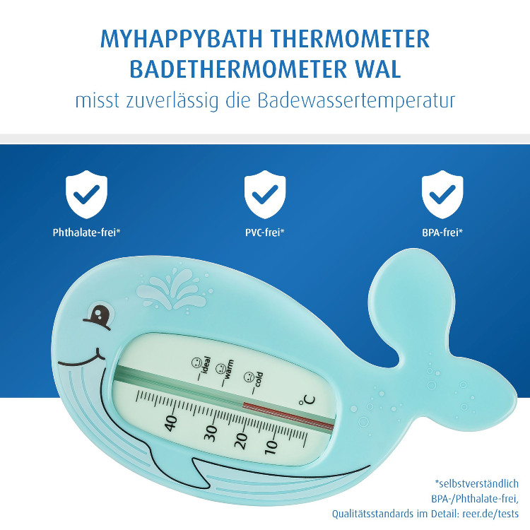 MyHappyBath Badethermometer Wal in Blau mit grosser gut lesbarer Skala und Smiley Markierungen schwimmt in der Badewanne misst die Badetemperatur fuer Babys und Kleinkinder bruchfester quecksilberfreier bpa freier Kunststoff kindgerechtes Wal Motiv erhaeltlich beim Babyladen Erlangen im Fachgeschaeft und im Onlineshop unter https://www.babyladen-erlangen.de/myhappybath-badethermometer-wal